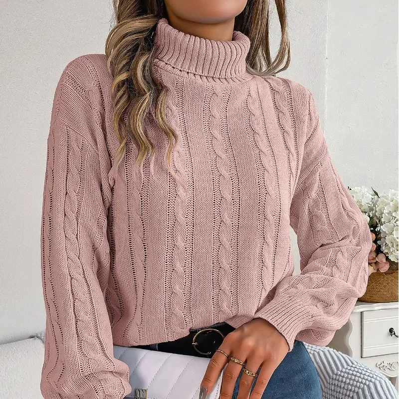 Autunno e inverno Pullover da donna collo alto manica lunga solido impasto fritto twist Stripe Hollow Fashion Casual maglione top