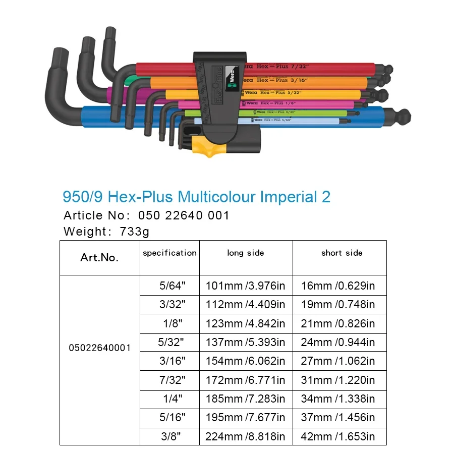 WERA 9 PCS Multicolour Imperial 2 L-key Set Imperial 950/9 Hex-Plus Ball Head Hexagonal Socket 05022640001