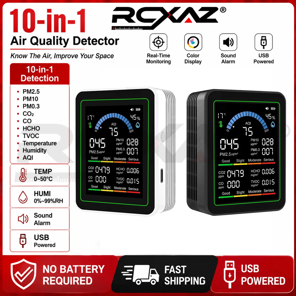 RCXAZ Temp Humidity 10in1 CO2 PM2.5 PM1.0 PM10 HCHO TVOC Detector Digital Air Quality Sensor Meter for Home Living Room