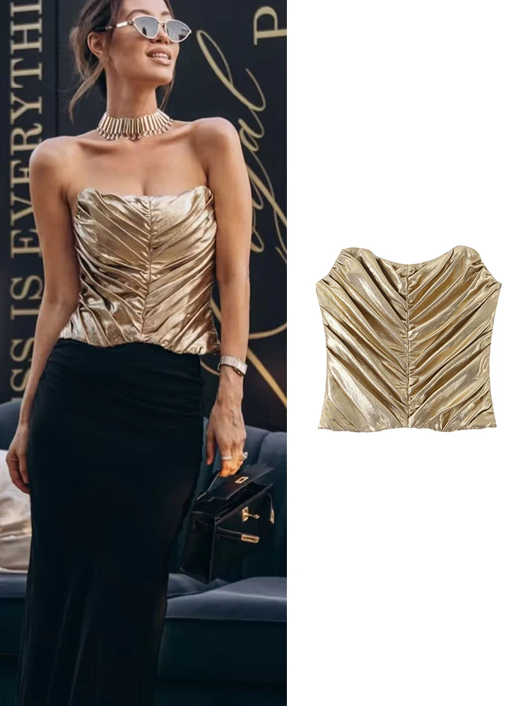 TFMLN 2026 Women Shiny Gold Ruched Top Fashion Diagonal Pleated Sleeveless Strapless Crop Tops Ladies Evening Party Wear