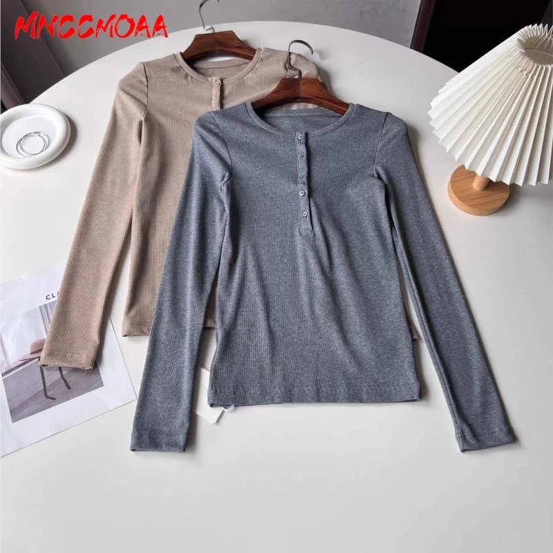 

2025 High Quality Fashion Vintage Y2k Ribbing Long Sleeve knitted T- Shirt Women Autumn New Casual Solid Female Slim Tees Tops