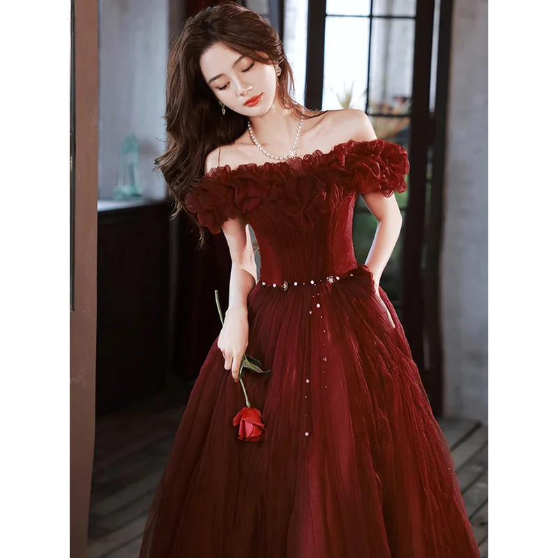 Off The Shoulder Prom Dress Classic Tulle Slim Lace Up Long Banquet Dresses Wine Red Cocktail Party Gowns Vestidos