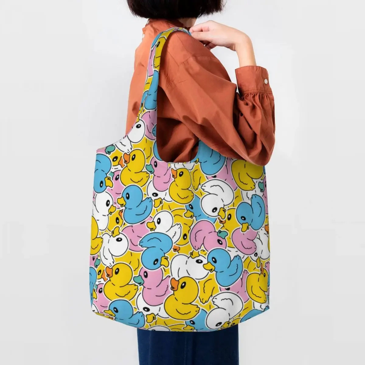 

Custom Recycling Rubber Duck Bathing Cartoon Pattern Shopping Bag Women Shoulder Canvas Tote Bag Durable Groceries Shopper Bags