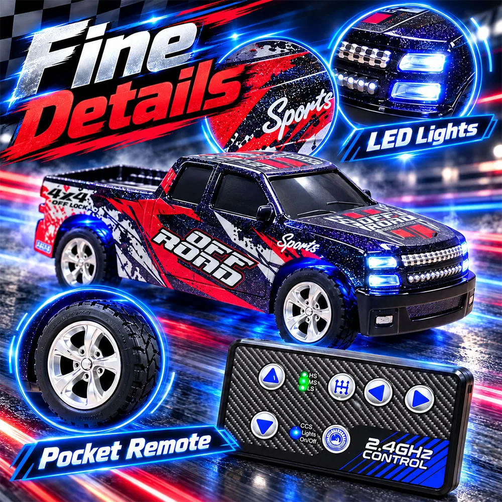 1:64 RC Pickup Truck 4x4 Off-Road Alloy Die-Cast Model with Cool Lights, 2.4GHz Remote Control, USB Charging, Gift for Kids