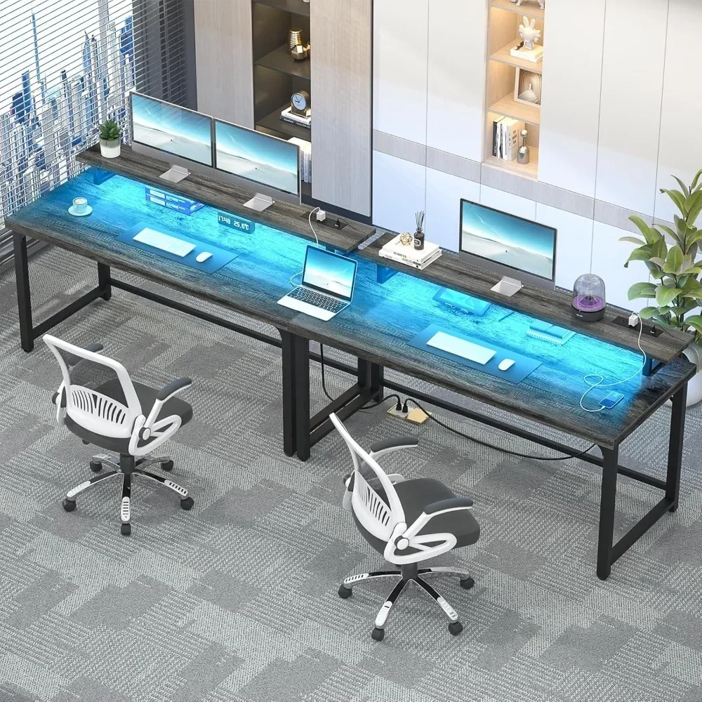 55 Inch Computer Desk with Socket and LED Light, Thickened Home Office Desk, Writing Study Gaming Table with Storage, Modern