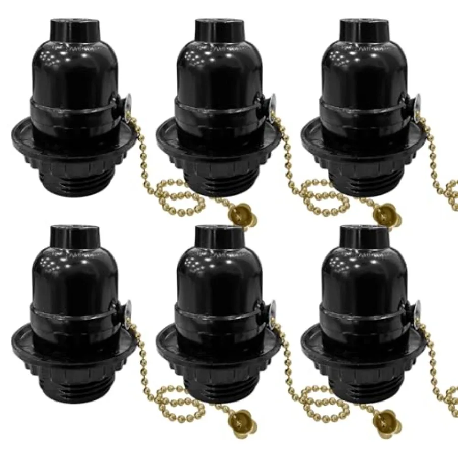 6Pcs E26 Lamp Socket with Pull Chain Switch, Threaded Lamp Socket Replacement, Medium Base Light Sockets with Lamp Shade Ring f