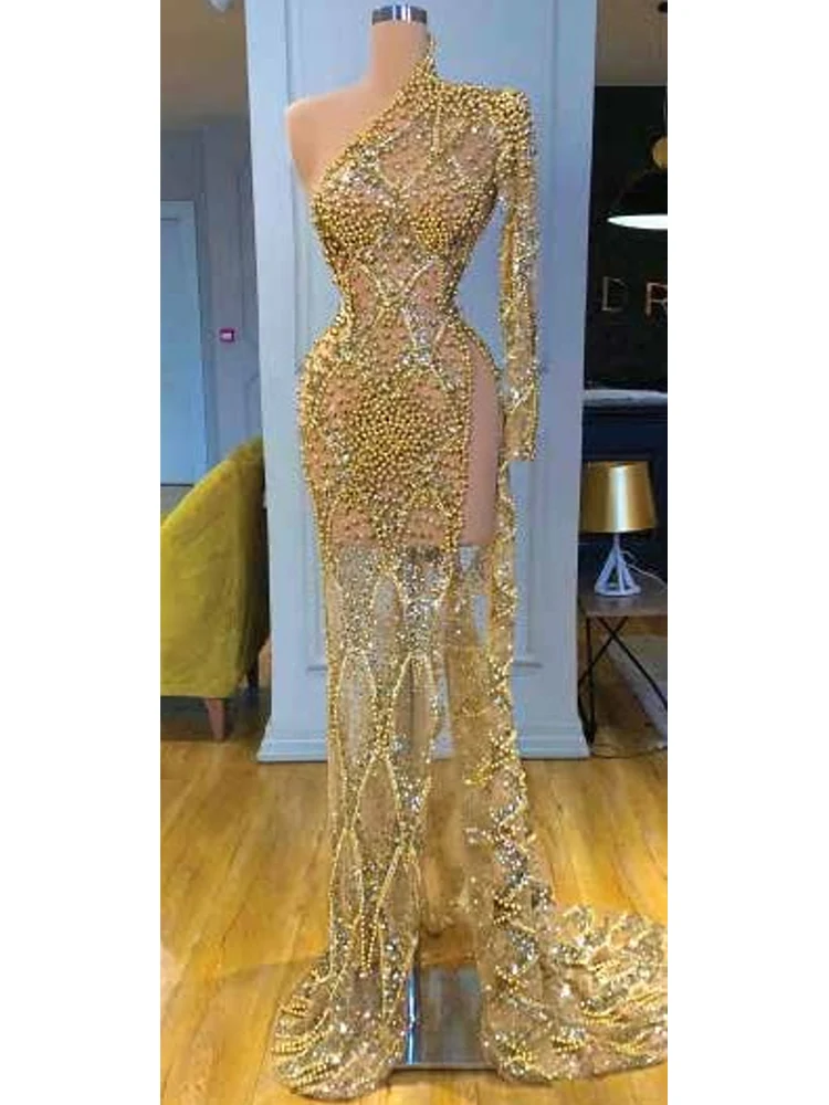 Golden Luxury Prom Dresses Side Slit One Sleeve High Neck Formal Mermaid Evening Gown With Beads Custom Made Vestidos De Gala