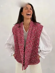 Women Fashion Print Vest Quilted Sleeveless Loose Open Stitch Cardigan Coat Female Chic Casual Street Woman Waistcoat Top