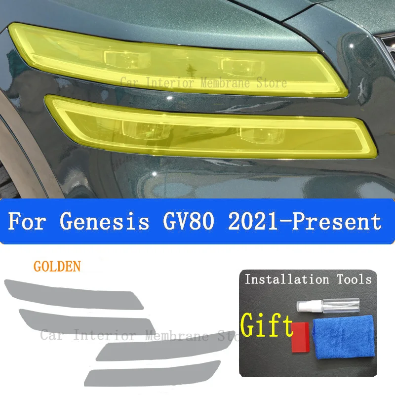 

For Genesis GV80 2021-2022 Accessories 2 Pcs Car Headlight Protective Film Headlamp Restoration Transparent Black TPU Sticke