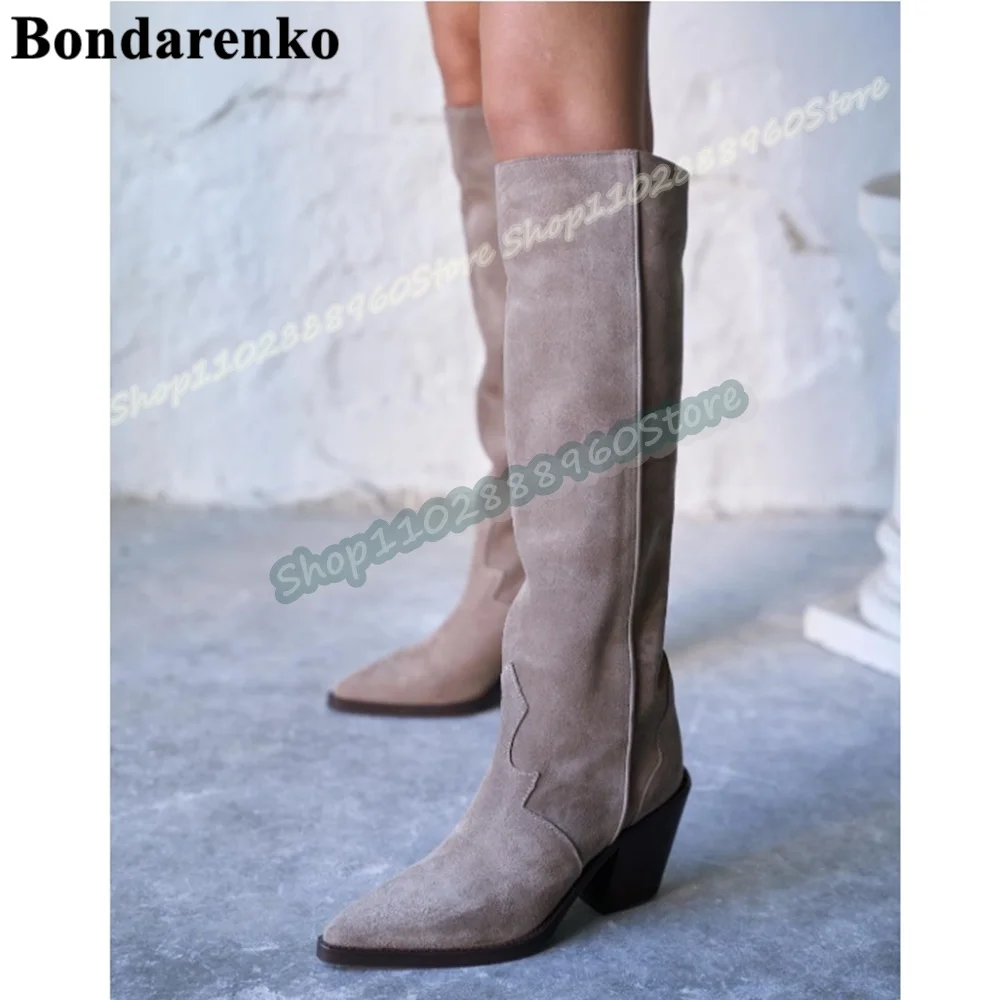 플러스 사이즈 다크 그레이 플록 부츠, 여성용 두꺼운 굽 슈즈, 슬립온 포인티드 토, 서양 스타일 여성용 신발