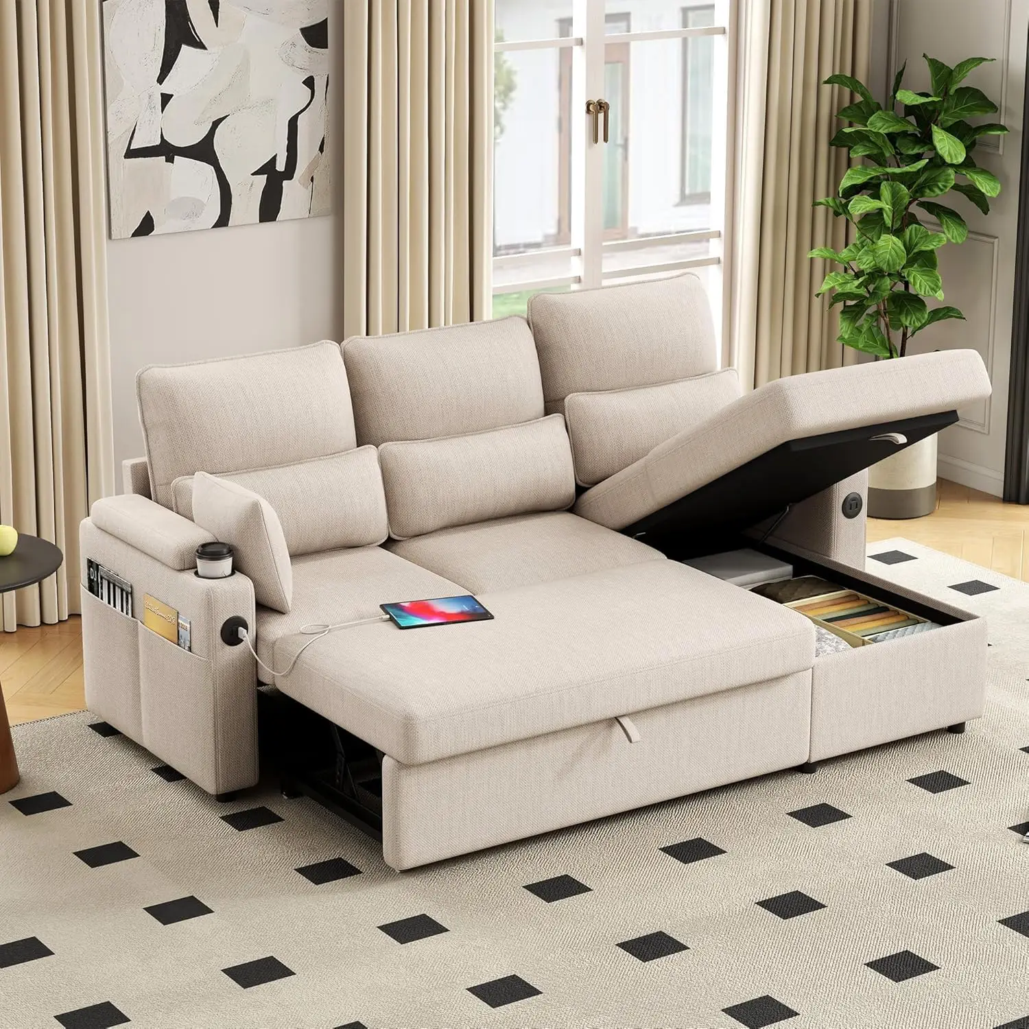 L-Shaped Sectional with Storage, Reversible Sleeper with Chaise, Fabric Modular Sofa with Cup Holder, 1000lbs, Customized