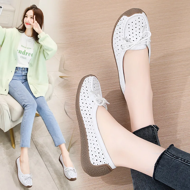 Summer Hollow-out Women's Leather Lazy Shoes Flat Casual Breathable Middle-aged and Elderly Moms Shoes