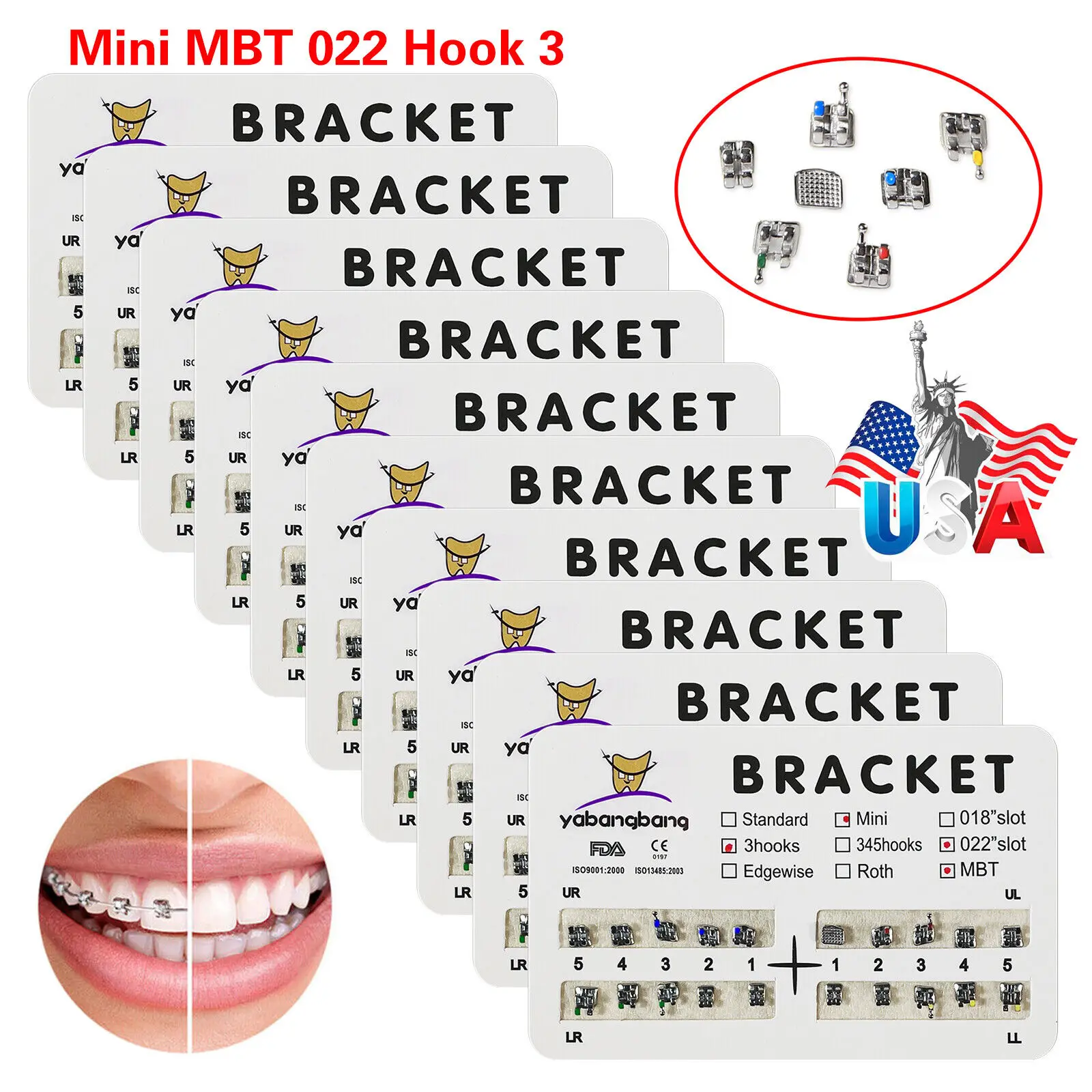 

10 Packs/200PCS Dental Orthodontic Bracket Braces MBT. Mini 022 Slot 3 hooks