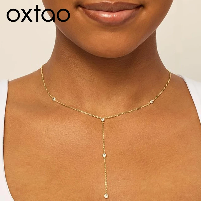 

OXTAO Длинное колье-цепочка с муассанитом 3,0 мм в форме Y для женщин, винтажное колье-чокер с кисточками, эстетичные украшения, покрытие из 14-каратного золота