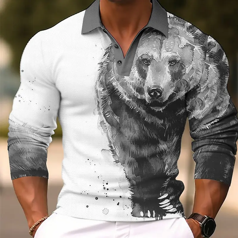 

Autumn And Winter 3D Animal Bear Prined Men's Polo Shirts Casual Oversized Long Sleeve Turn-down Collar Buttoned Streetwear Tops