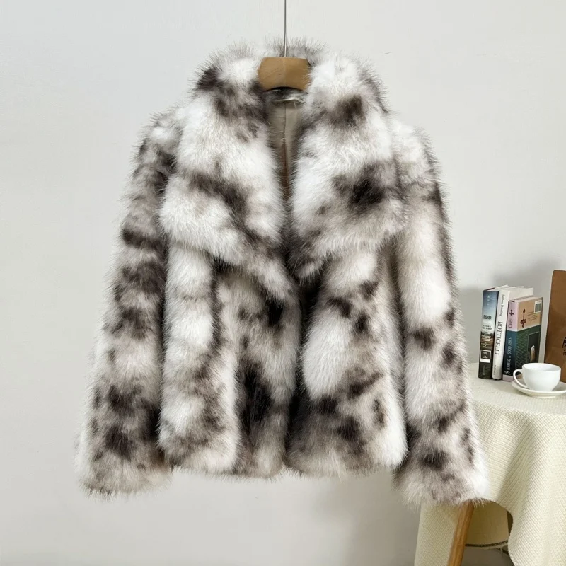 New artificial fox fur jacket hot selling large collar print women's winter warm high-quality faux fur leather jacket