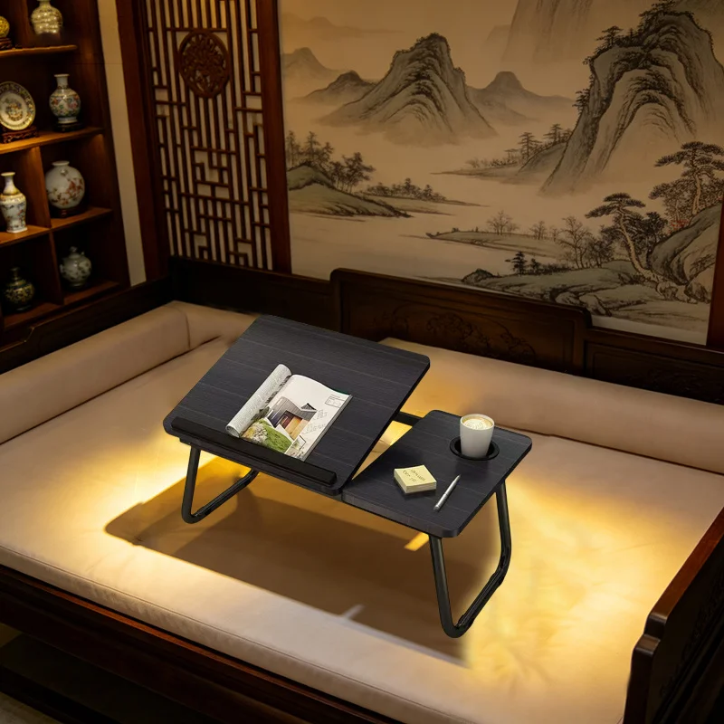 Bedside folding table - with cup holder, foldable laptop table, portable foldable adjustable table, suitable for beds, sofas