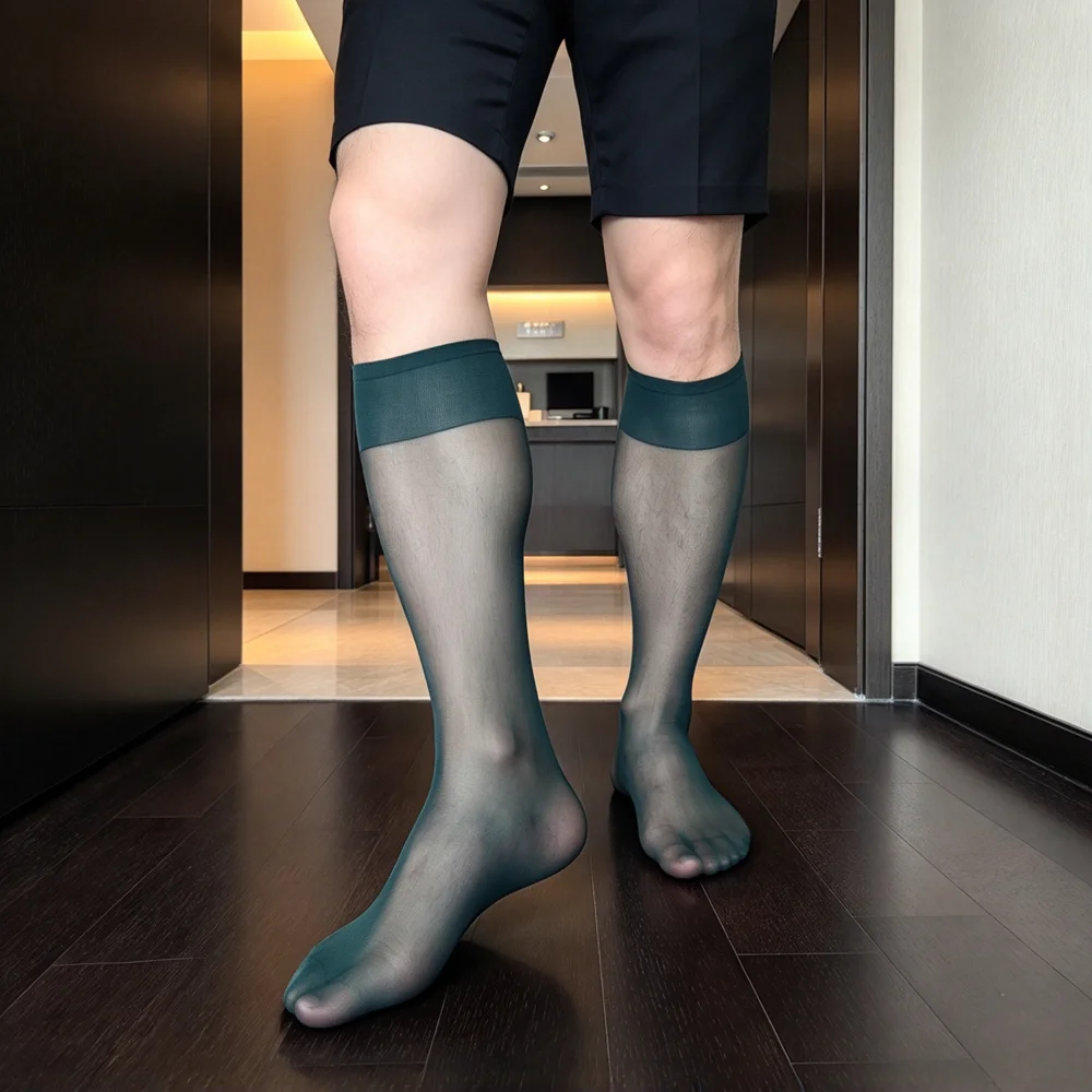 Men's Sheer Stockings Ultra Thin Transparent Nylon Knee High Dress Socks Wide Elastic Cuff Business Formal Suit Hosiery Wedding