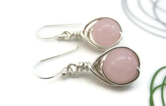 Rose quartz earrings sterling silver wire wrapped pink gemstone Valentine\'s Day Wedding Anniversary Gift