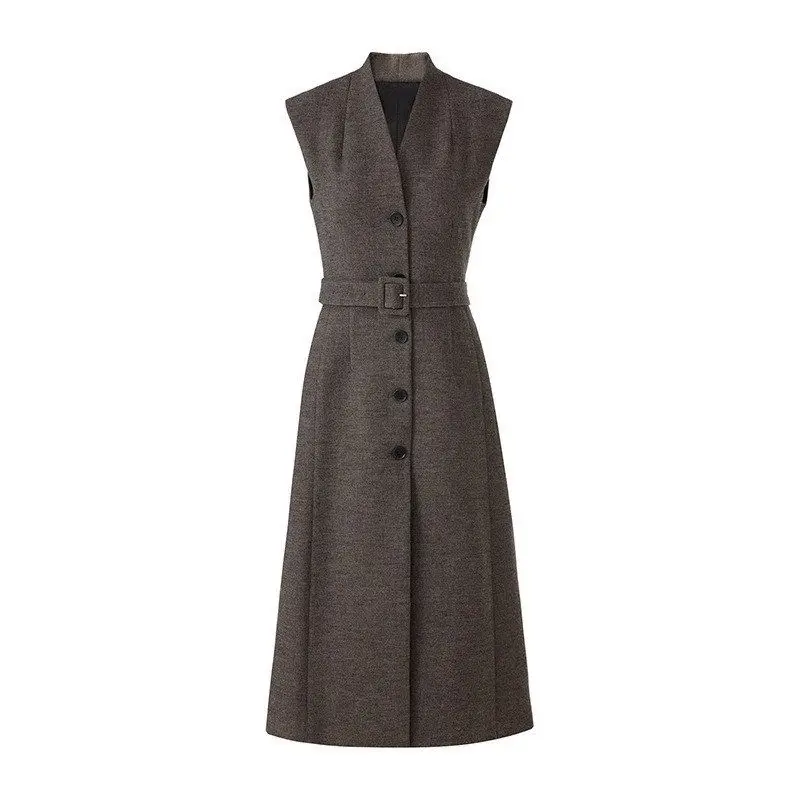 Women's Wool Vest Spring Autumn Fashion V-neck Slim Fit Single Button Versatile Mid-length Dress Vest Commute Style Long