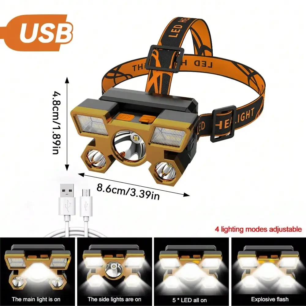 5 LED ヘッドヘッドライト USB 強力な光超高輝度充電式集魚灯長距離超高輝度ヘッドマウント懐中電灯