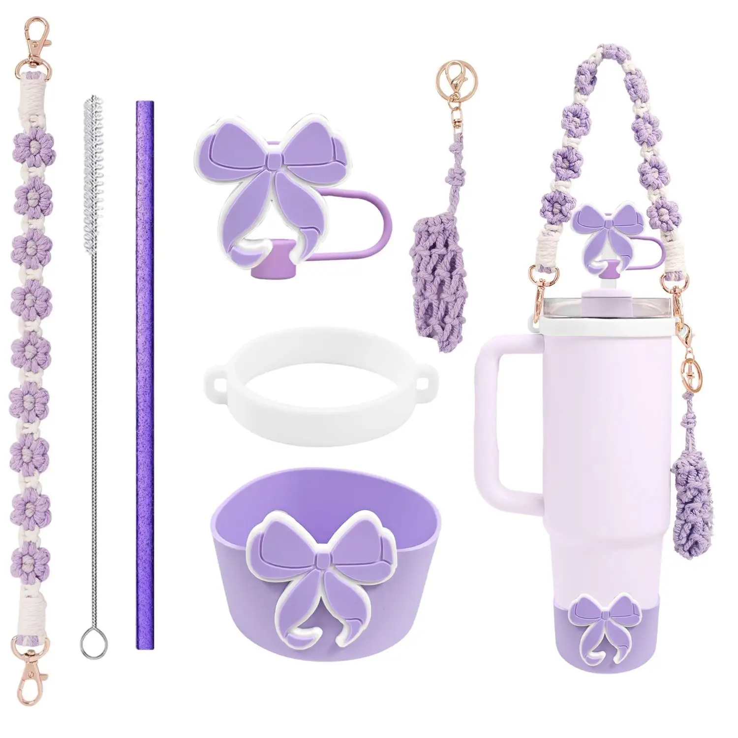 Floral Silicone Cup Sleeve with Hand Strap Charms And Bow Straw Topper - Set of 4 Reusable Straws Included
