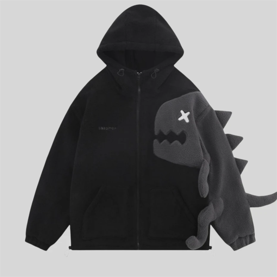 Dinosaur Doll Jacket Men Winter Fuzzy Lamb Fleece Jacket Coat Men Streetwear Hip Hop Oversized Zip Up Hooded Patchwork Jackets