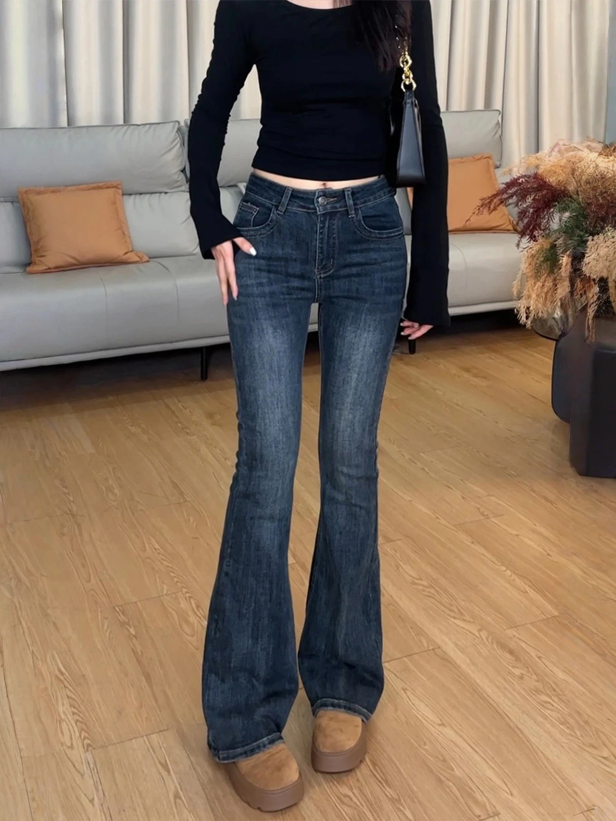 Retro American Spicy Girl Tightened Bell Bot Jeans Women's Spring New Sle Elastic Slimming Fce Lined Long Pants