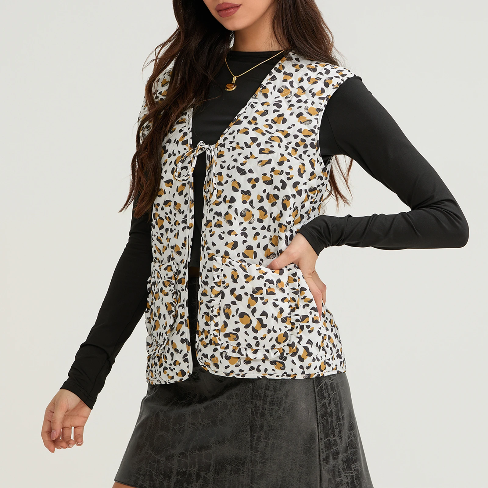 

Women Casual Vest Coat Sleeveless Leopard Print Tie-up Outwear Gilet with Pockets for Streetwear