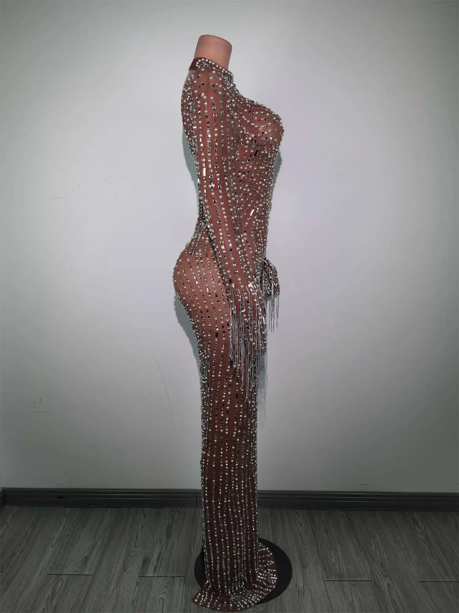 Vestido de LICRA con diamantes de imitación plateados para mujer, traje largo para celebración de cumpleaños, ropa de cantante, Bar, baile de graduación, actuación en escenario, 2024