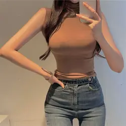Sexy Turtleneck Sleeveless T Shirts Female Vintage Women Clothing 2026 Summer New Slim Tee Shirt Femme Fashion Korean Y2K Tops