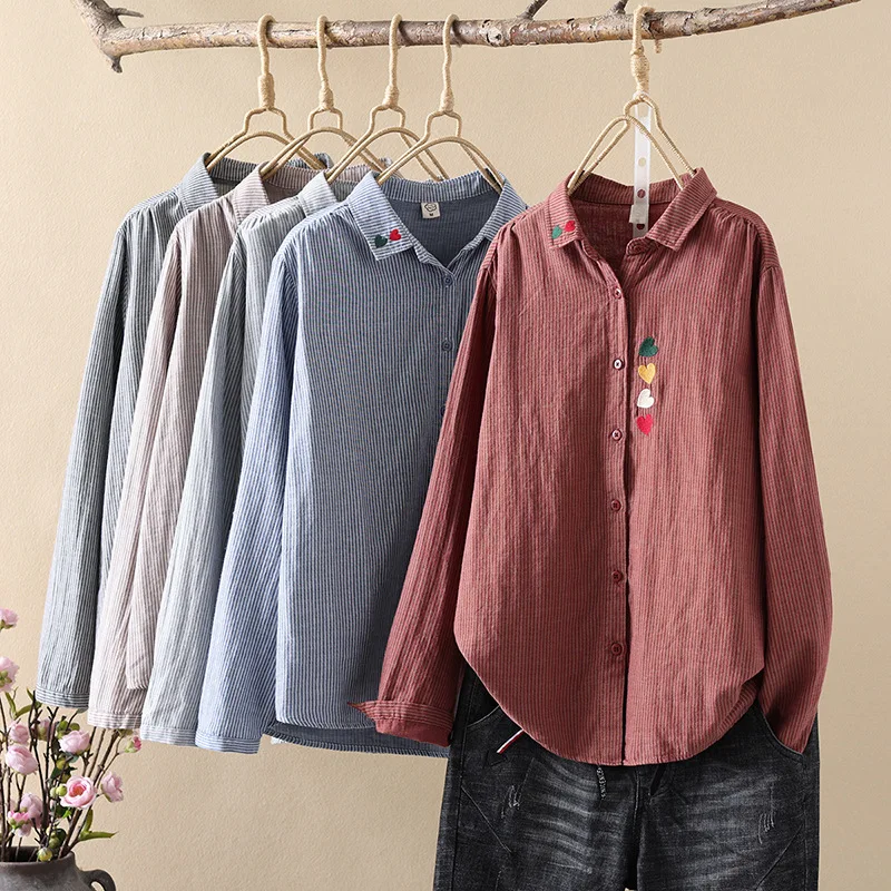 100% Cotton yarn striped shirts and blouses for women tops heart shape embroider stripes long sleeve shirt basic shirts