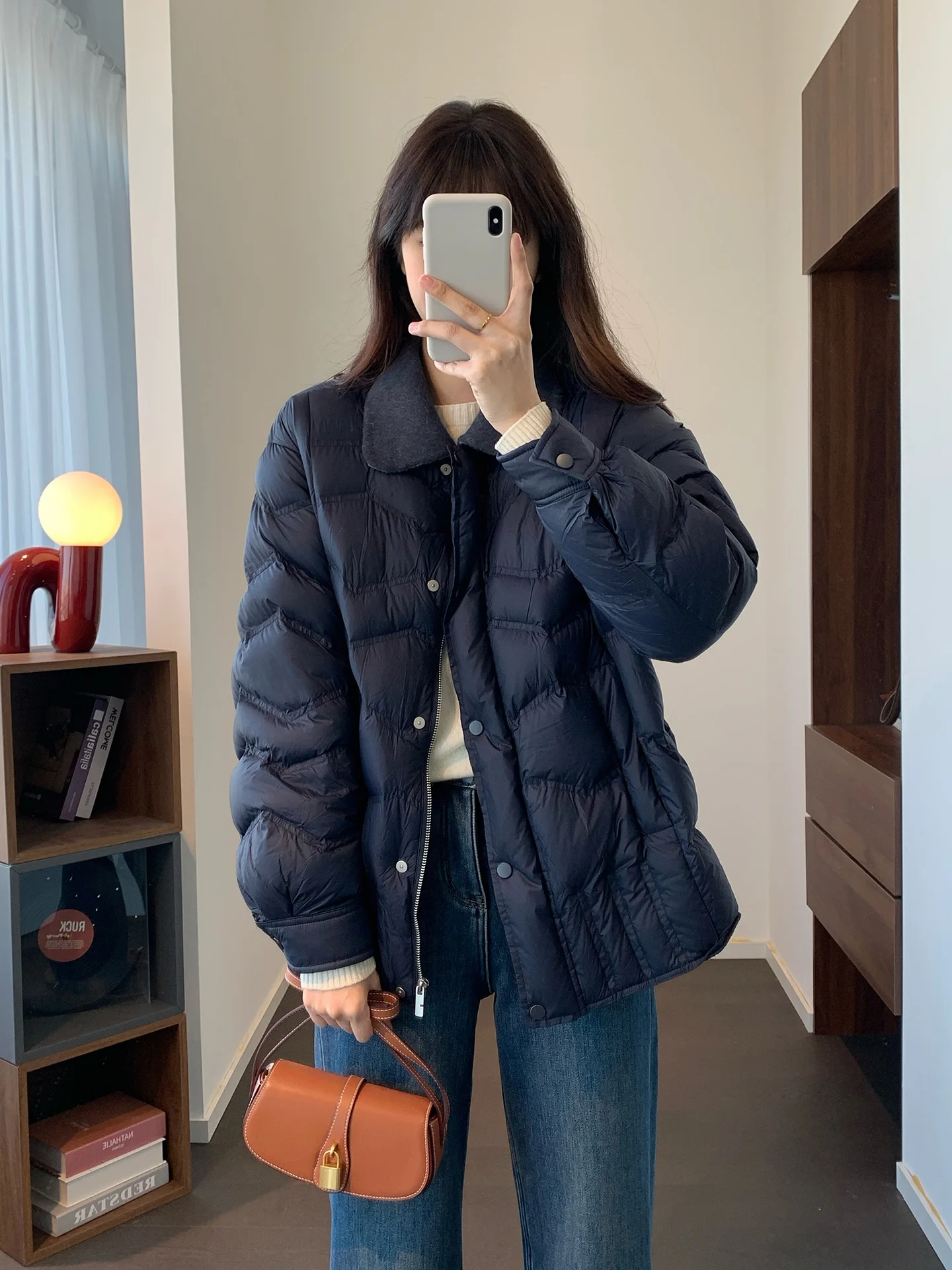 

Winter Warm Woolen Collar Design Du down Jaet Long Sve Loose Comfortable Sli Outerwear Women's Faion Coat