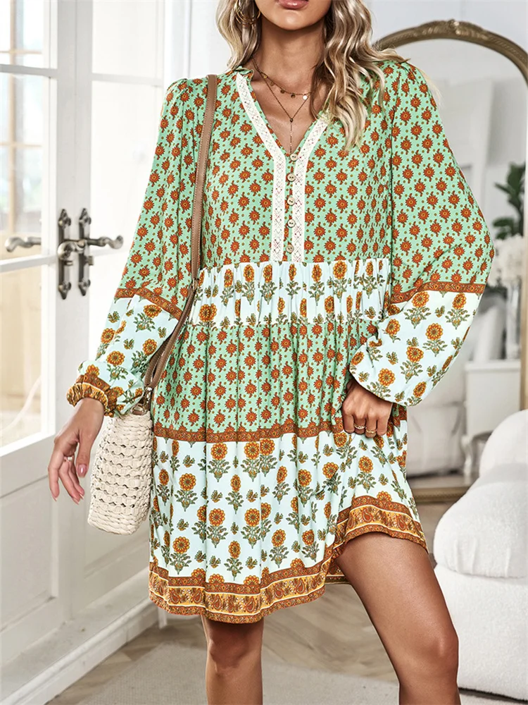 

Boho Floral Print Dress Women Autumn Lantern Sleeve V Neck Pleated Dress Ladies Vintage Casual Fashion Holiday Short Dresses