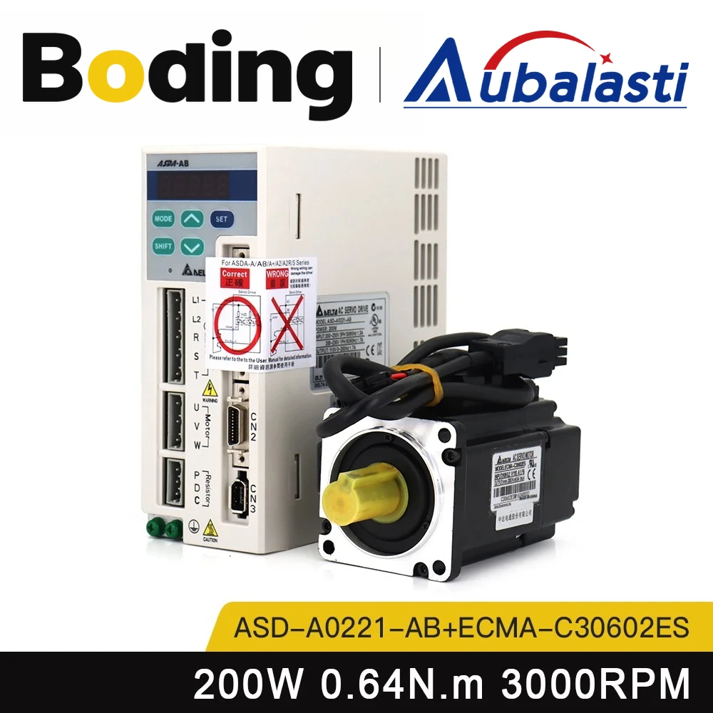 Aubalasti 200W AC Servo Motor Driver Kits 0.64N.m 3000rpm ASD-A0221-AB+ECMA-C30602ES for CNC Engraver Machine