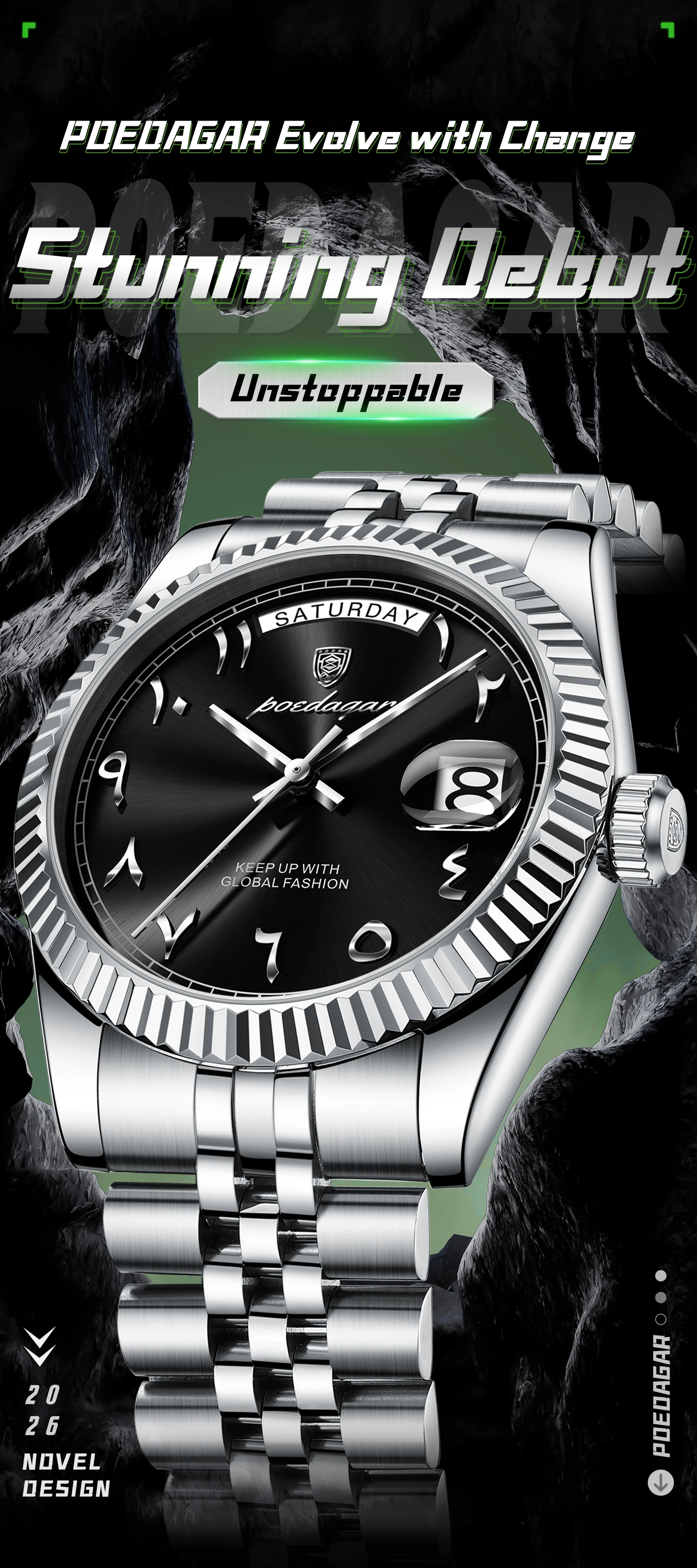 POEDAGAR Modische Casual Herrenuhr Wasserdicht Edelstahl Herren Armbanduhr Datum Wochentag Quarz Business Herrenuhren Reloj Hombre – Detail 2