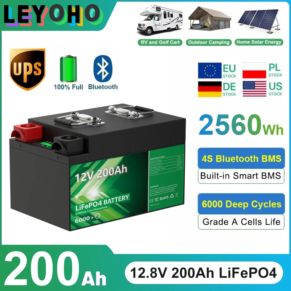 Batería LiFePO4 de 12V, 200Ah, 2,56Kwh, más de 6000 ciclos, Bluetooth, 12,8 V, 100Ah, 300Ah, batería de litio para almacenamiento de energía Solar RV doméstico