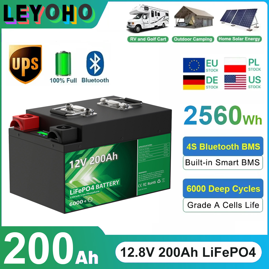  LiFePO4 12V 200Ah Battery Pack 2.56Kwh 6000+ Cycles Bluetooth 12.8V 100Ah 300Ah Lithium Battery For Home Solar RV Energy Storage 