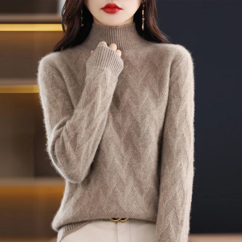 

Autumn Winter Women Sweater Long Sleeve Knitwears Criss-Cross Turtleneck Mock Neck Pullover Embroidery Tops Female clothing