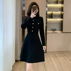 #0918 Black Pullover Sweater Dress Women Buttons Slim Buttons Long Sleeve Knitted A-line Dress Female Elegant Office Short Dress