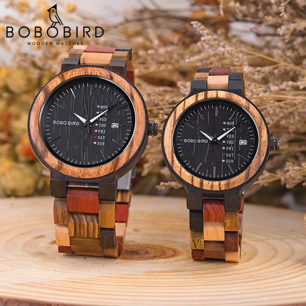 BOBO BIRD Orologio in legno da uomo e da donna al quarzo settimana data coppia orologio cinturino in legno colorato logo personalizza confezione regalo Dropship all'ingrosso
