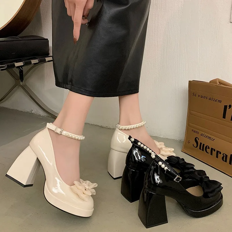 

Women Fad Mary Jane Leather Shoe Thick Soles Increase Height Lolita Shoe Elegant Bowknot Pumps Women Banquet Party Shoes Tacones