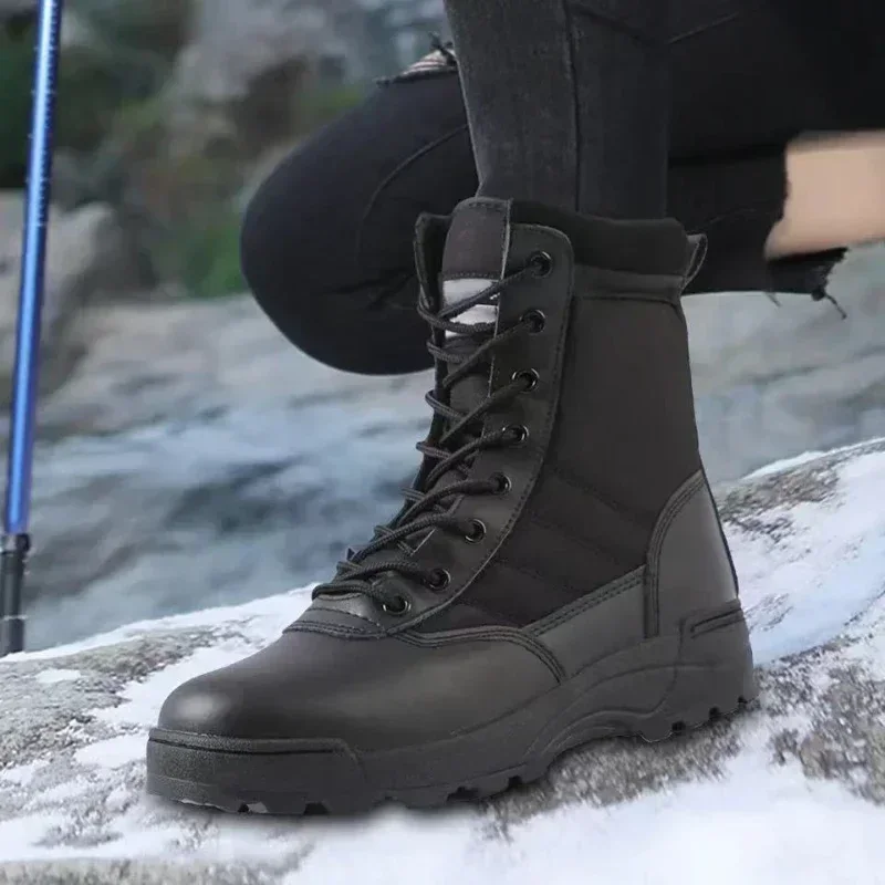 

Men's Outdoor High-top Leather Boots Tactical Military shoe Black Thick-soled Lightweight Wear-resistant no slip Hiking footwear