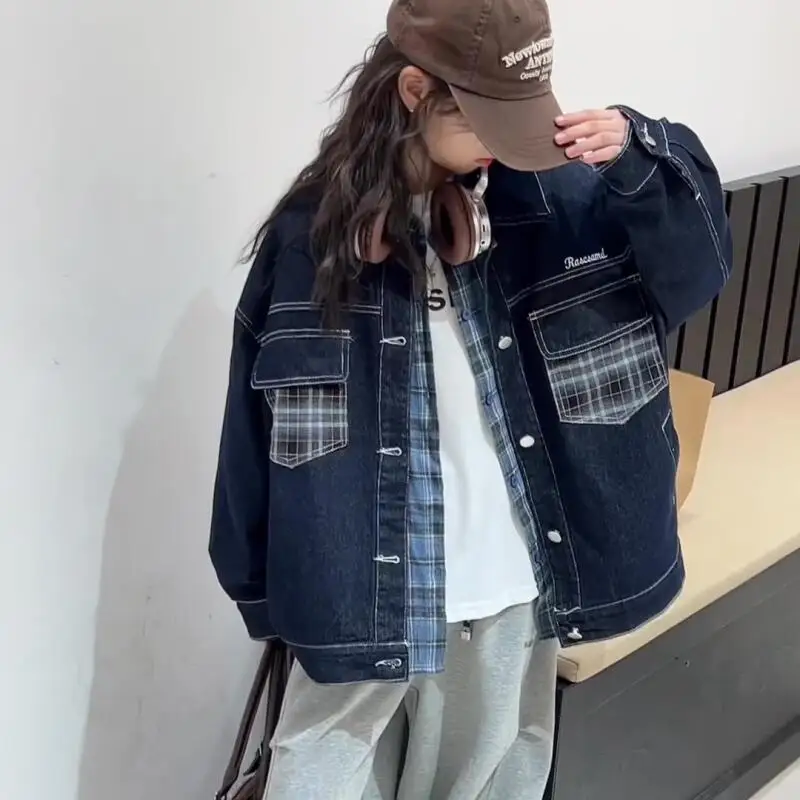 

Kawaii Girl Chaqueta Jacket Fashion Student Spring and Autumn Cartoon Casual Lapel Splice Cowboy Tops Children's Clothing New