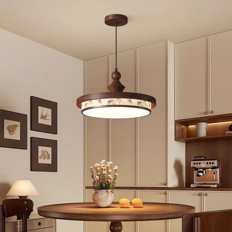 

Fabric aesthetic restaurant LED pendant light retro living room bedroom study wood walnut color eye protection lighting fixture