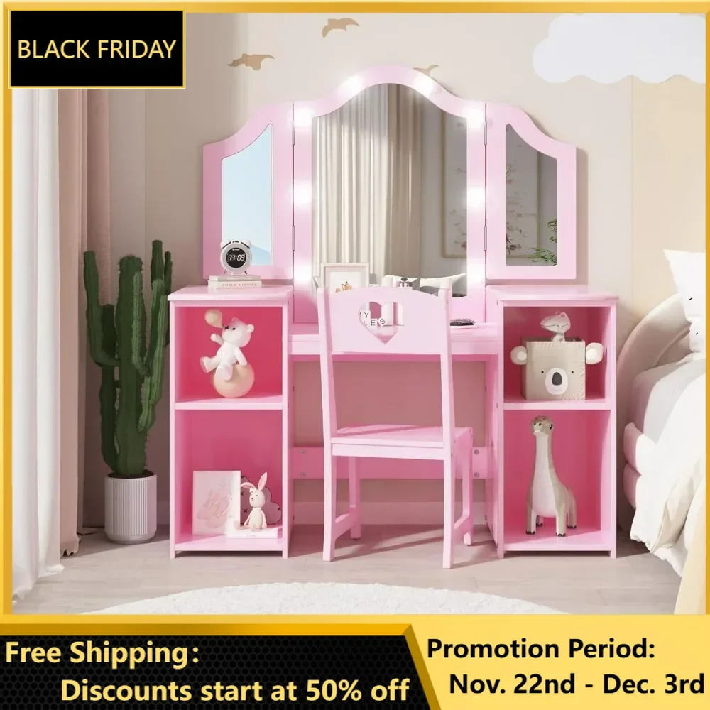 Kids Vanity, 2 in 1 Princess Makeup Desk & Chair Set, Lighted Mirror, Storage Shelves and Cabinet, Pretend Play Vanity Sets