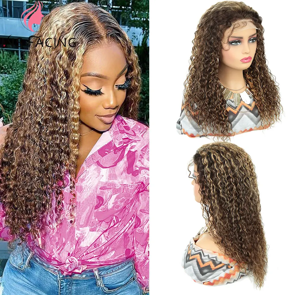 

INS FACING 13x1 Lace Frontal Human Hair Wig Highlight Water Wave Ombre P4/27 Transparent Lace Front Wigs Colored Wigs for Women