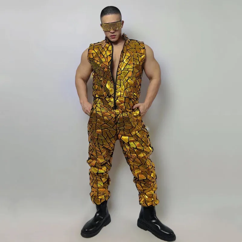 Men's Hip Hop Jazz Dance Performance Sequins Overalls Gold Laser Mirror Jumpsuit Glitter Stage Wear Male Bar Performance Costume