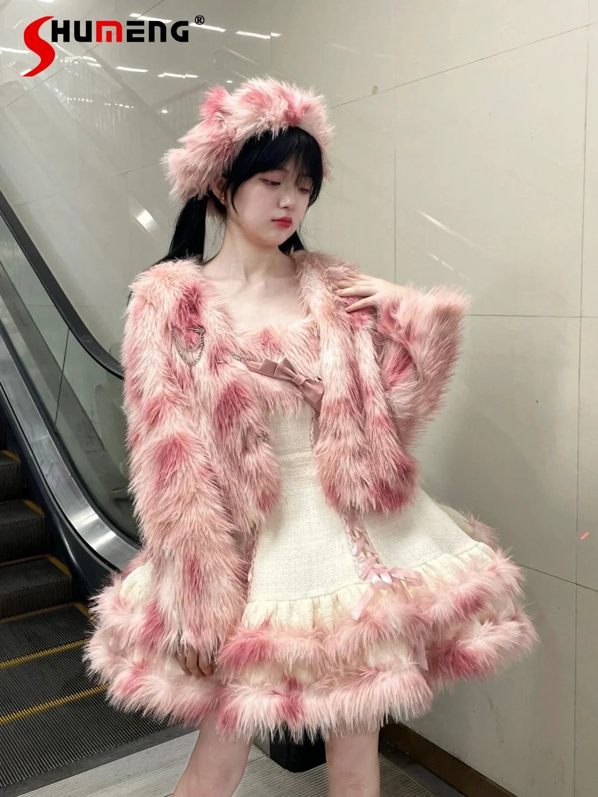 

Sweet Lolita Faux Fur Short Coat and Dress Set Two-piece Set Women's Winter Warm Thickened Slim Suspender Dress Set Y2k Outfits