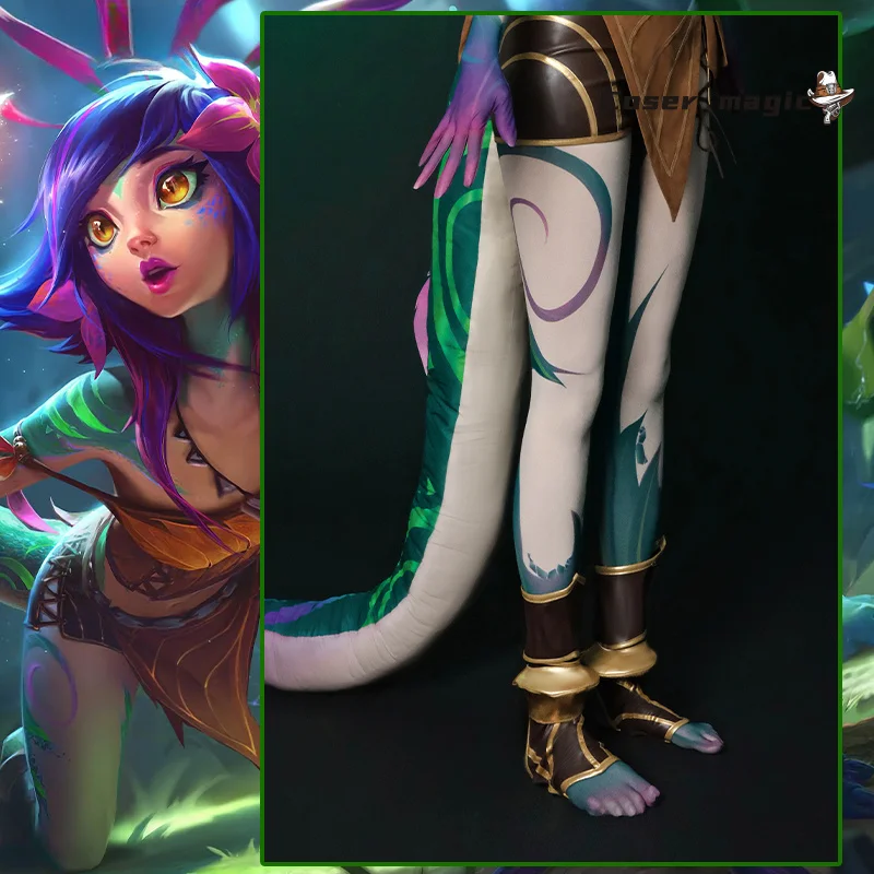 أزياء LOL the Curious Chameleon Neeko التأثيرية للنساء من Neeko أزياء حفلات الهالوين مجموعة كاملة مع ذيول #4